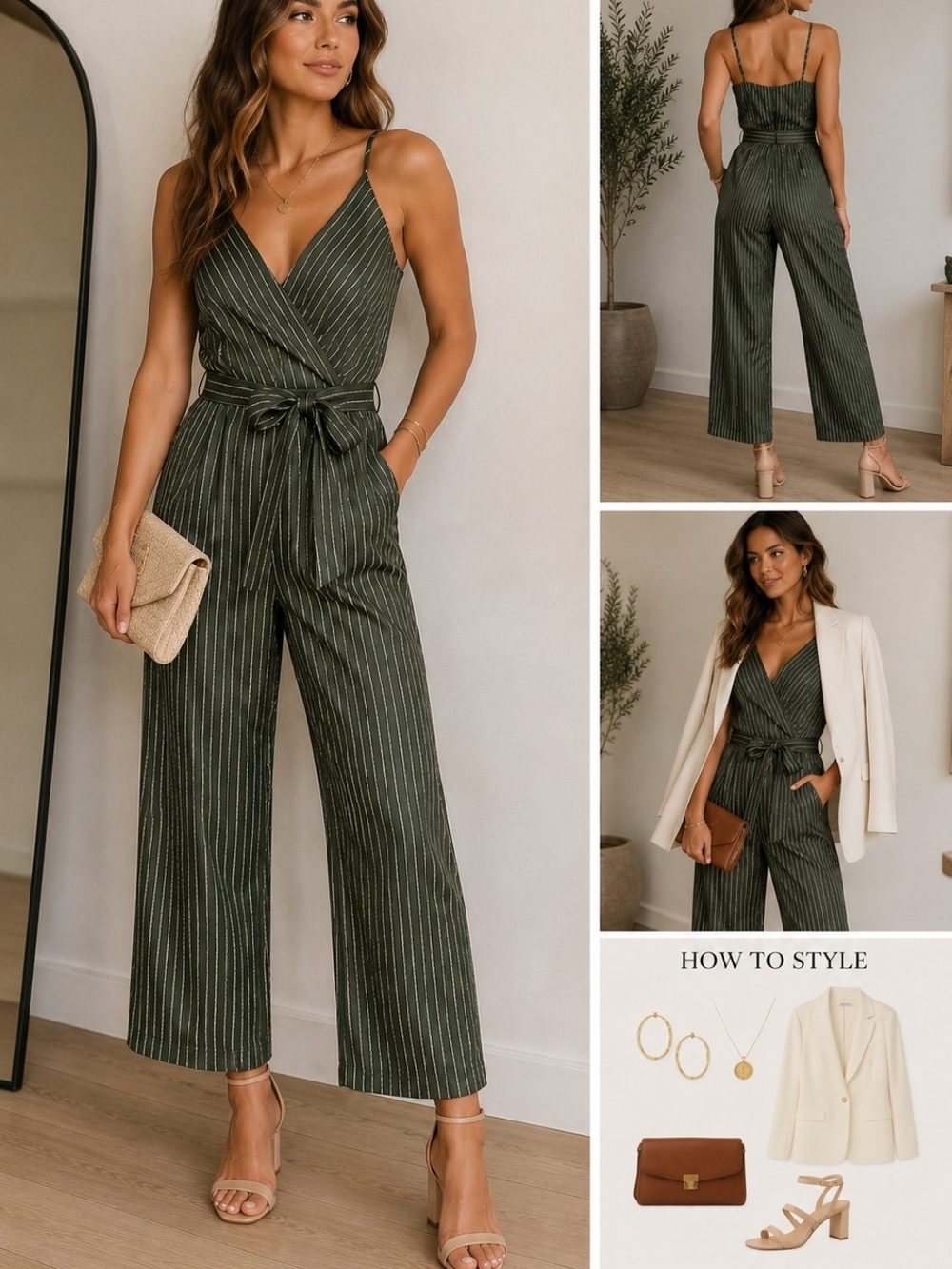 Kaileigh Olive Green Pinstripe Wrap Jumpsuit